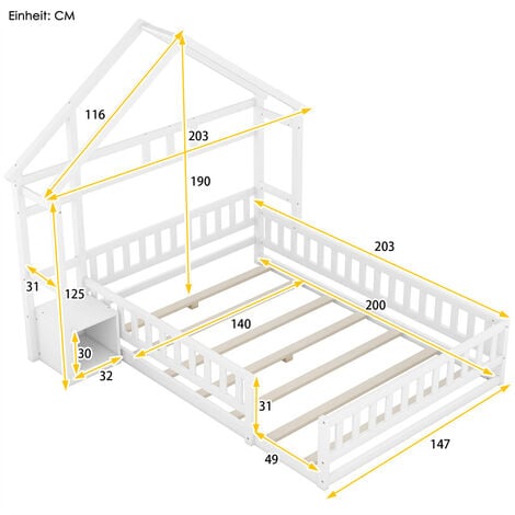 Lit cabane 140 x 200cm pour enfant, Lit plat lit de maison avec rampe, Lits d'enfant avec chevets