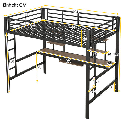 Lit Mezzanine 120x200 Cm Avec Bureau Et étagère - En Fer Et Panneaux - Sommier à Lattes, échelle 4 Marches - Noir - Pour Chambre Enfant Ou Ado