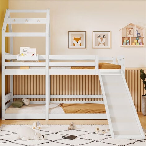 Lit cabane, lit enfant, avec escalier et fenêtre, avec sommier à lattes,  escalier avec 3 tiroirs, blanc (200x90 cm)