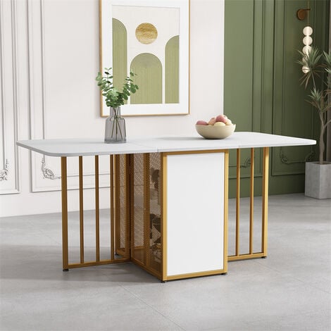 Table extensible, Table de salle à manger pliante, mobile, avec tiroirs, 3  formes, 160x70x75cm, blanc