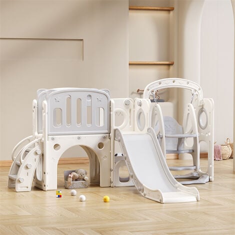 Toboggan 7 en 1 pour enfant, avec balançoire, plate-forme, zone de rangement, arcade, panier de basket, escalier, PEHD, gris+blanc