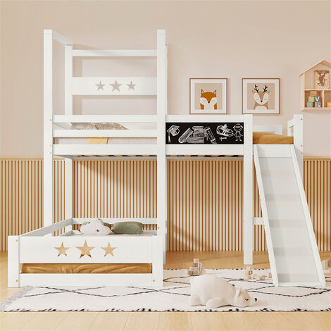 Lit Cabane Enfant 90x200 Cm - Lit Mezzanine Avec Escalier Rangement - Blanc - Sans Matelas