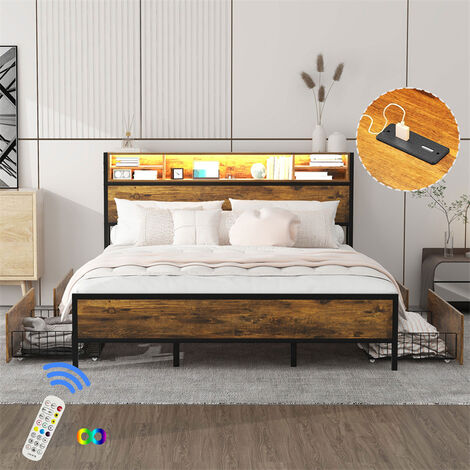 Lit 140x200 Avec Tête De Lit LED Et Rangements - 4 Tiroirs, Port USB, Structure Métal - Gris Simili Cuir
