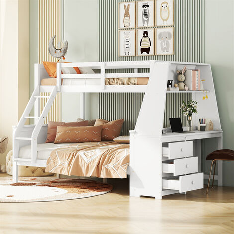 Lit Superposé Enfant Avec Tiroirs Et Rangement - 90x200cm + 140x200cm, Design Cabane, Pin Et MDF Blanc