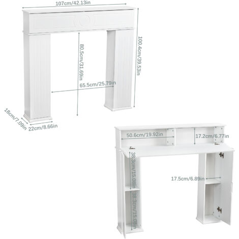 Console manteau de cheminée décorative avec rangements, compartiment secret, 107x100 cm, blanc