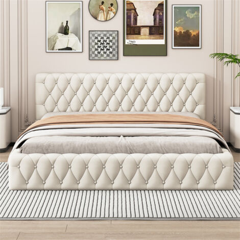 Lit Enfant 140x200 Cm – Tête De Lit Citrouille Cartoon, Lit Rembourré Simili-Cuir Beige, Sommier Lattes, Sans Matelas
