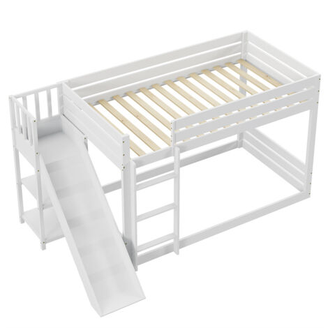 Lit Superposé Enfant 90x200 Cm Avec Armoire Et étagères - Blanc Et Naturel, 4 Marches, Garde-corps (sans Matelas) - 7