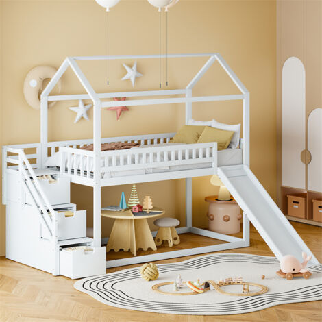 Merax Lit Superposé, Lit En Bois Avec Escalier, Lit Enfant Avec Protection Contre Les Chutes Et Grillage, Cadre En Pin (Blanc Style 4, 90 X 200 Cm