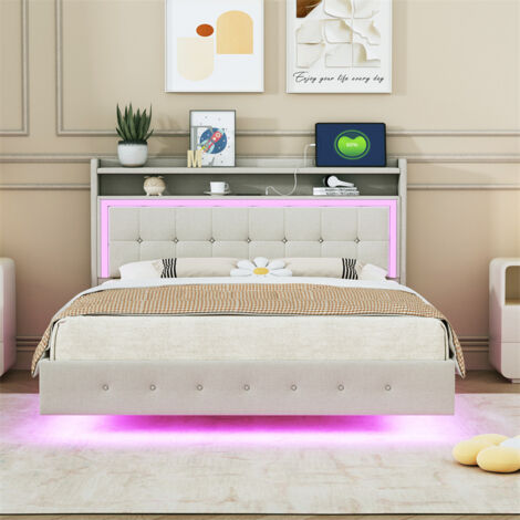 Lit coffre Lit capitonné Lit double 140 x 200 cm avec fonction de chargement USB Type C tête de