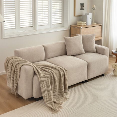 Canapé 3 places 211x67x71cm, canapé droit rembourrés avec coussins pour salon, design moderne, beige