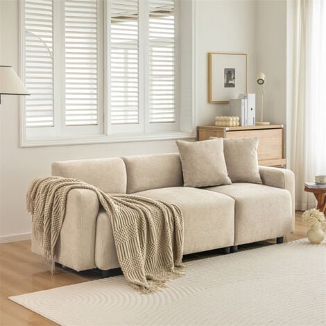 Canapé 3 places 211x67x71cm, canapé droit rembourrés avec coussins pour salon, design moderne, beige