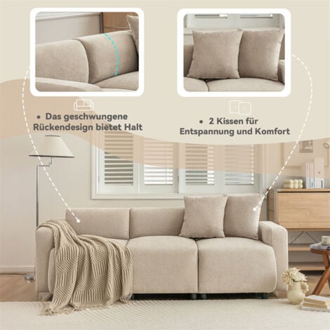 Canapé 3 places 211x67x71cm, canapé droit rembourrés avec coussins pour salon, design moderne, beige
