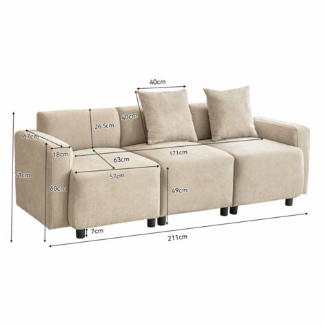 Canapé 3 places 211x67x71cm, canapé droit rembourrés avec coussins pour salon, design moderne, beige