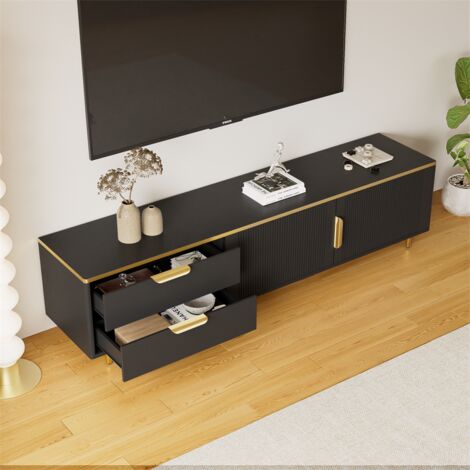Meuble TV Blanc/noir 200x40x51 Cm - Avec 2 Portes, 2 Tiroirs Et étagères Ouvertes, Support TV Jusqu'à 90"