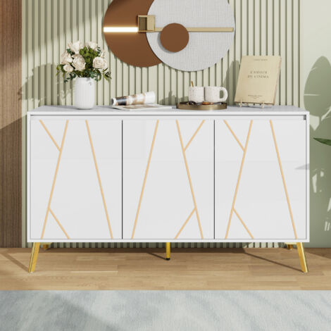 Buffet 4 Portes Sans Poignée BRILVERDE - 80x30x120 Cm - Noir Avec Pieds Dorés - 2 étagères Réglables