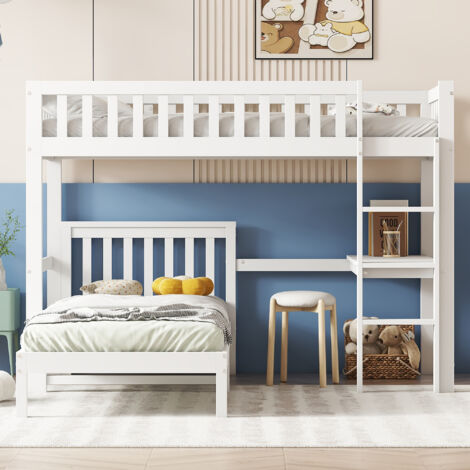Lit Superposé Enfant 90x200cm Avec Bureau Intégré - 2 Places, 4 Coussins, 2 Tiroirs - Bois Naturel - Multifonction Pour Chambre D'Enfant