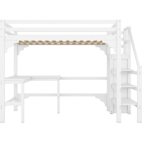 Lit Mezzanine Enfant 140x200 Cm - Avec Bureau Et Rangements - En Bois De Pin Massif, Blanc