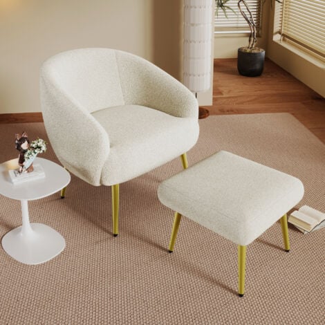 Fauteuil rembourrée avec repose-pieds, pieds dorés, confort luxueux et moderne - 68x66x73+46x47x36cm - en Sherpa blanc