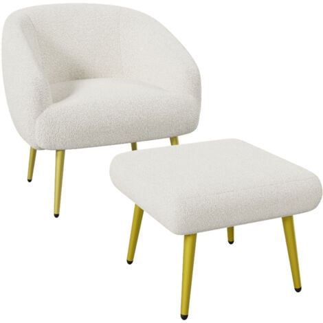 Fauteuil rembourrée avec repose-pieds, pieds dorés, confort luxueux et moderne - 68x66x73+46x47x36cm - en Sherpa blanc