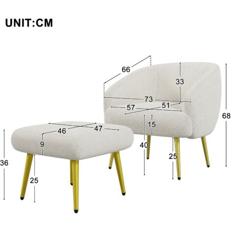 Fauteuil rembourrée avec repose-pieds, pieds dorés, confort luxueux et moderne - 68x66x73+46x47x36cm - en Sherpa blanc