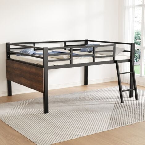 Lit Mezzanine Avec Rangement 140x200 Cm Lit Enfant Avec Cadre En Fer - Noir + Marron (sans Matelas
