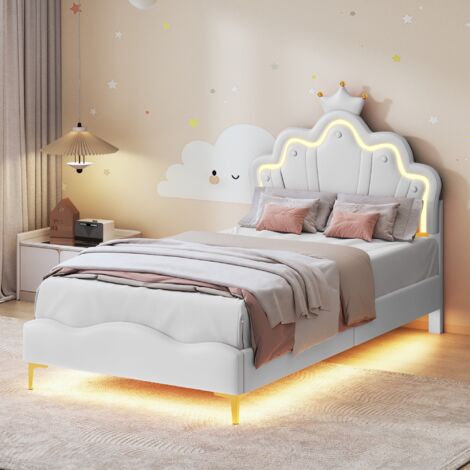 Lit simple 90x200cm - Lit princesse LED avec sommier à lattes et tête de lit en forme de couronne, en cuir PU - Blanc