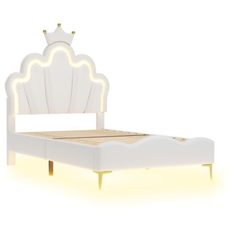 Lit simple 90x200cm - Lit princesse LED avec sommier à lattes et tête de lit en forme de couronne, en cuir PU - Blanc