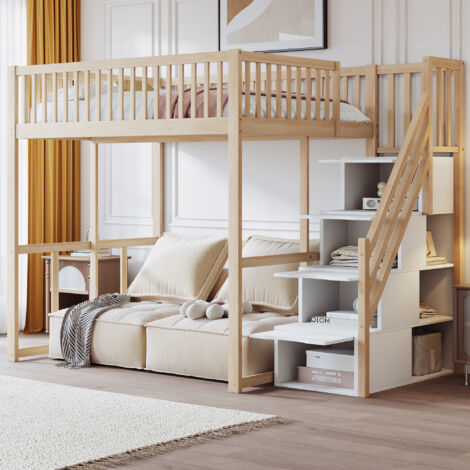 Lit Mezzanine Enfant 140x200cm PUGSDRLY - Avec Escalier Rangement Et Armoire, Blanc