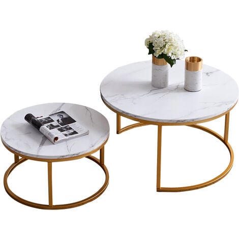 Table basse gigogne ronde moderne - Cadre en métal, panneau à motif marbré - Grande table : 80 x 45 cm, Petite table : 60 x 33 cm - Or