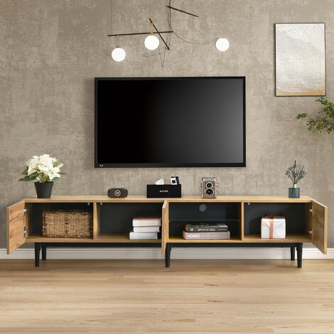 Meuble TV style moderne 175 cm - avec Etagères et Rangement, 3 Portes, LED 7 Couleurs, Aspect Bois - Naturel
