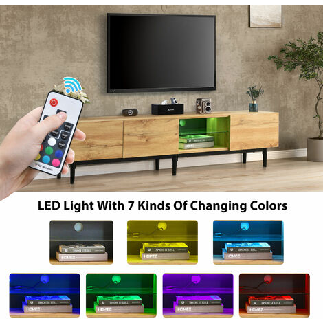 Meuble TV style moderne 175 cm - avec Etagères et Rangement, 3 Portes, LED 7 Couleurs, Aspect Bois - Naturel