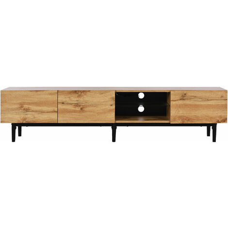 Meuble TV style moderne 175 cm - avec Etagères et Rangement, 3 Portes, LED 7 Couleurs, Aspect Bois - Naturel