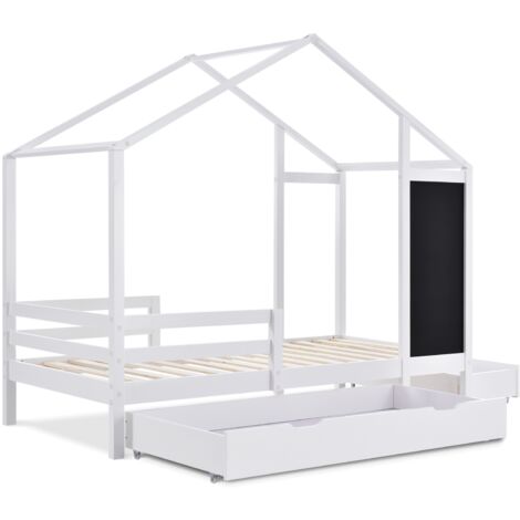 Lit Cabane Enfant 90x200 Cm Avec Tiroirs - Lit Maison En Pin Et MDF - Blanc, Pour Chambre D'enfant Ou D'ado