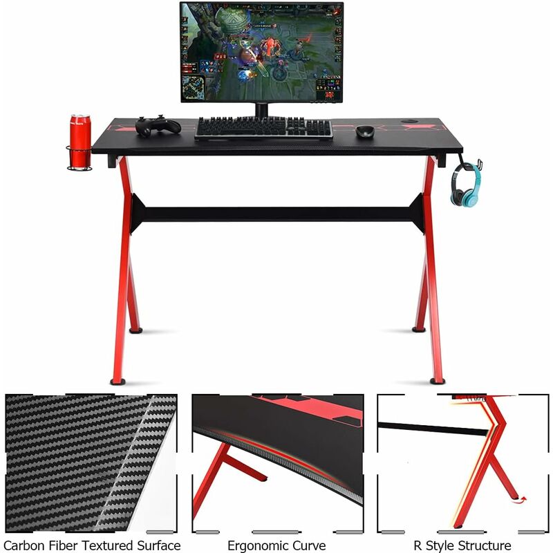 Giantex Bureau Gamer Table Informatique 115 x 75 x 76 CM avec Porte-Gobelet  Stable K Cadre en Acier Robuste et Coussinets de Pied Réglables Noir -  Achat & prix