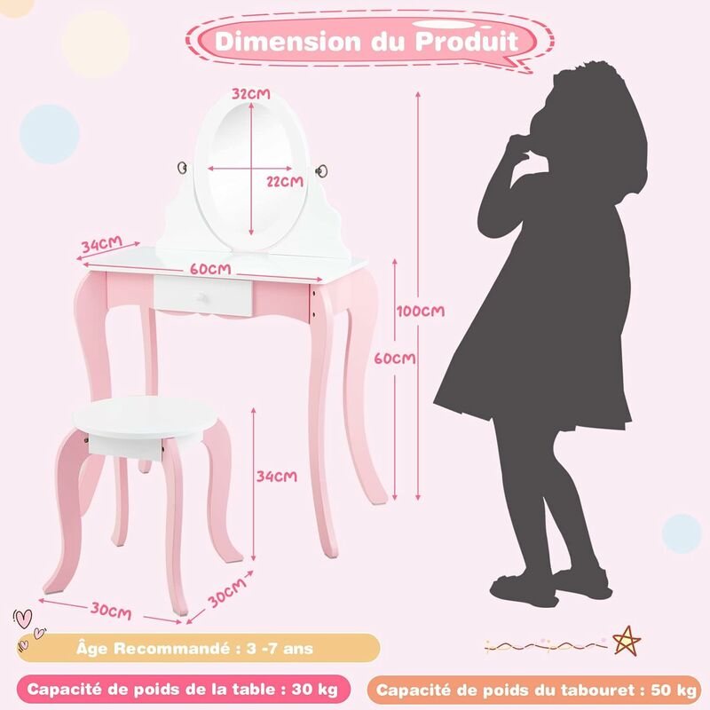 DREAMADE 2 en 1 Coiffeuse Enfant Fille avec Miroir Rotatif&Tabouret Table  de Maquillage Enfant 3+