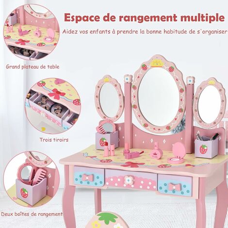 Coiffeuse pour enfant avec tabouret en bois avec miroir rotatif ovale,  tiroir et 2 étagères, rose