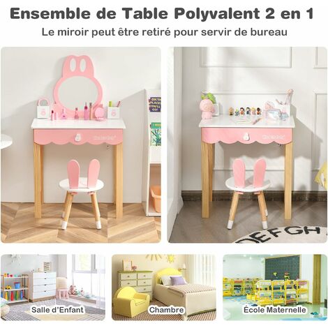 DREAMADE Coiffeuse Enfant en Bois avec Chaise et Miroir, Table de