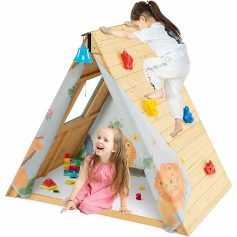 DREAMADE Cabane Enfant Exterieur en Bois Maison de Jeux Triangulaire avec  Mur d'Escalade Fenêtre Ouverte