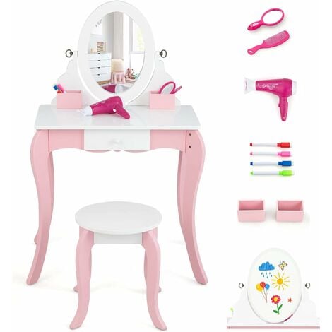 DREAMADE 2 en 1 Coiffeuse Enfant Fille avec Miroir Rotatif&Tabouret Table  de Maquillage Enfant 3+