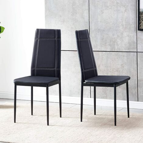 NICEME 2pcs PU Leather High Back Padded Dining Chairs Metal Legs with Square Grid Decoration for Dining Room Kitchen Black