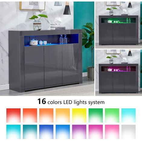 NICEME High Gloss Dark Grey LED Sideboard Storage Cabinet Cupboard with 3 Doors 16 Colored LED Strips for Living Room Dining Room Hallway