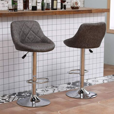 NICEME Set of 2 Vintage Grey PU Leather Bar Stools Breakfast Counter Chairs Height Adjustable Pub Bar Swivel Stool with Footrest Backrest Kitchen