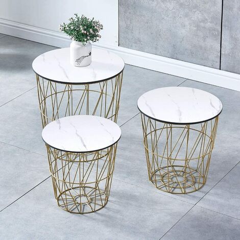 NICEME Round Nested of 3 Tables Coffee Table Living Room Golden Metal Frame Storage Bakset Container White Marble Effect