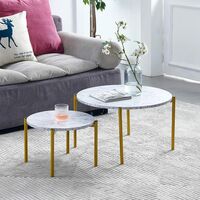 NICEME Set of 2 Round Coffee Table Marbling Effect Table Top Golden Colour Metal Frame Side End Sofa Tea Table Living Room White