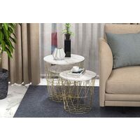 NICEME Round Nested of 3 Tables Coffee Table Living Room Golden Metal Frame Storage Bakset Container White Marble Effect