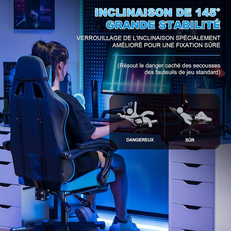 Chaise Gaming GTPLAYER Ergonomique Avec Repose-Pieds, Accoudoirs Inclinables Et Tissu Résistant - Bleu Foncé