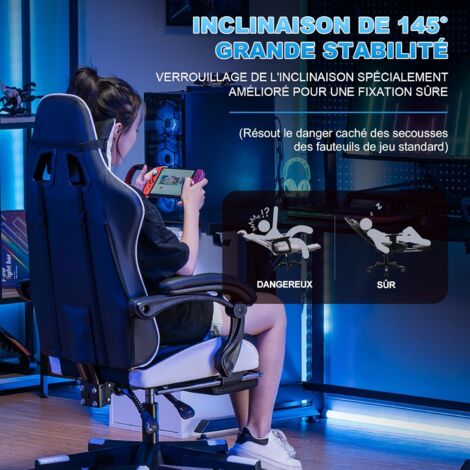 Chause Gaming GTPLAYER Chaise Gaming Ergonomique - Cuir PU - Repose-Pieds - Appui-Tête Réglable - 150kg Blanc Chaise Gaming Gt Player