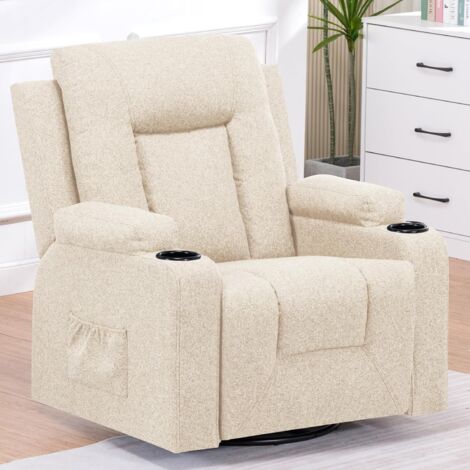 Comhoma – Fauteuil relax inclinable en tissu beige – Pivotant 360° – 2 poches latérales et porte-tasse – Confort ergonomique