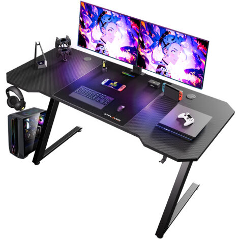 GTPLAYER Bureau Gaming 120 x 60 cm, Bureau Gamer avec Tapis de Souris, Table Gaming PC en Fibre de Carbone avec Crochet pour Casque, Modèle de base