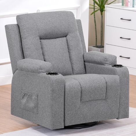 Fauteuil Relaxation en Tissu avec Fonction Inclinable, Recliner Chair, Pivotant à 360 °, 2 Poches Latérales et Porte-Tasse - Gris Foncé